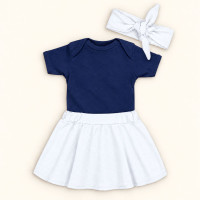 Conjunto 3 Peças Para Bebê Menina Body e Saia com Faixinha de Cabelo Branco de 0 a 12 Meses