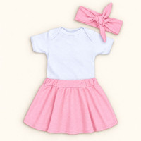 Conjunto 3 Peças Para Bebê Menina Body e Saia com Faixinha de Cabelo Rosa de 0 a 12 Meses