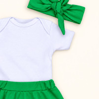 Conjunto 3 Peças Para Bebê Menina Body e Saia com Faixinha de Cabelo Verde de 0 a 12 Meses