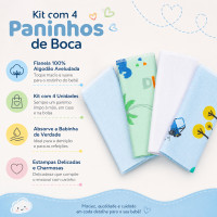 Kit 4 Panos de Boca Bebê Flanelados 22x22cm Algodão Hipoalergênico Estampadinho Neutro