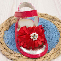 SANDÁLIA COM VELCRO PARA BEBÊ MENINA APLIQUE FLOR PÉROLA VERMELHO