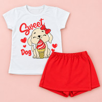 Conjunto de 2 até 10 anos para Menina Blusa Estampada e Shorts Saia Branco
