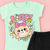 Conjunto de 2 até 10 anos para Menina Blusa Estampada e Shorts Saia Verde Claro