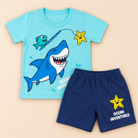 Conjunto Menino até 10 anos Camiseta Algodão e Bermuda Look Coordenado Turquesa