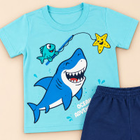 Conjunto Menino até 10 anos Camiseta Algodão e Bermuda Look Coordenado Turquesa
