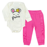 CONJUNTO LONGO BEBÊ EM MOLETOM BODY E CALÇA ESTAMPA PRINCESA CREME