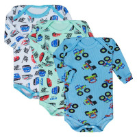 KIT COM 3 BODY LONGO PARA BEBÊ CANELADO ESTAMPAS VARIADAS PARA MENINO