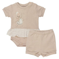 CONJUNTO CURTO BODY SAIA E SHORT ESTAMPA URSA BEGE