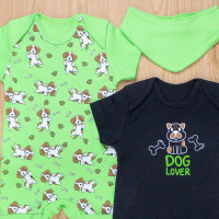Macacões Curtos para Bebê e Bandana - Tema Dog Verde e Preto