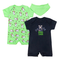 Macacões Curtos para Bebê e Bandana - Tema Dog Verde e Preto