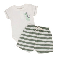 CONJUNTO PARA BEBÊ BODY E SHORTS LISTRADO DINO CREME