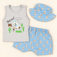 Conjunto Verão Bebê 3 Peças Regata Bermuda e Chapéu Bucket Azul 