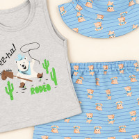 Conjunto Verão Bebê 3 Peças Regata Bermuda e Chapéu Bucket Azul 
