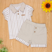 CONJUNTO PARA BEBÊ CAMISETA POLO E SHORTS LISTRADINHO BEGE