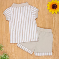CONJUNTO PARA BEBÊ CAMISETA POLO E SHORTS LISTRADINHO BEGE