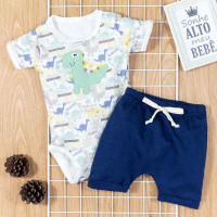 CONJUNTO PARA BEBÊ BODY BORDADO DINOSSAURO E SHORTS MARINHO