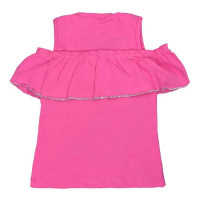 BLUSA INFANTIL MANGA CURTA COM BABADO OMBRO A OMBRO ESTAMPADA PINK