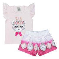 CONJUNTO INFANTIL DE MENINA CURTO COM BABADINHO RANDA MUNDU ROSA