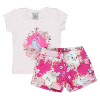 CONJUNTO INFANTIL DE MENINA CURTO ESTAMPADINHO RANDA MUNDU ROSA