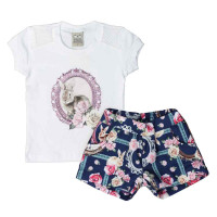 CONJUNTO CURTO BLUSA E SHORT INFANTIL ESTAMPA COELHINHO BRANCO