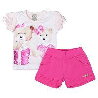 CONJUNTO CURTO BLUSA E SHORT ESTAMPADINHO URSINHO INFANTIL ROSA