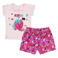 CONJUNTO CURTO BLUSA E SHORTS PARA BEBÊ ESTAMPADO MORANGO ROSA CLARO