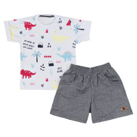 CONJUNTO CURTO CAMISETA E BERMUDA INFANTIL ESTAMPADO DINO BRANCO