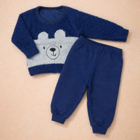 Conjunto Bebê Menino Moletom Ursinho Peluciado Urso Cute Inverno Azul Marinho 