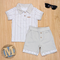 CONJUNTO INFANTIL 1 AO 3 CAMISETA POLO E SHORTS LISTRAS BEGE