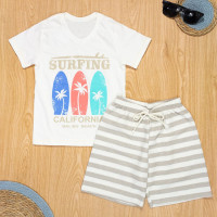 CONJUNTO INFANTIL 4 AO 8 CAMISETA E SHORTS LISTRADO SUNFING CREME