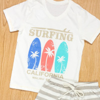 CONJUNTO INFANTIL 4 AO 8 CAMISETA E SHORTS LISTRADO SUNFING CREME
