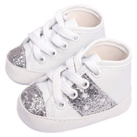 TÊNIS CANO ALTO COM CADARÇO PARA BEBÊ MENINA BRANCO COM GLITTER PRATA