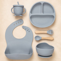 Kit Refeição Bebê Silicone 6 Peças Introdução Alimentar Livre de BPA Cinza