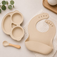 Kit Alimentação Bebê Silicone 3 Peças Prato Babador Colher BPA Free Creme