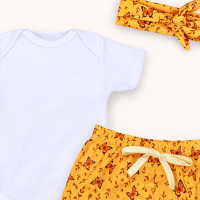 Conjunto Bebê Menina Look 3 Peças Body, Shorts e Faixinha Estampadinho Borboletas