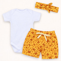 Conjunto Bebê Menina Look 3 Peças Body, Shorts e Faixinha Estampadinho Borboletas