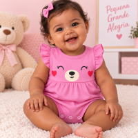 Macaquinho com Babado Para Bebê Menina Estampa Rostinho Feliz Rosa