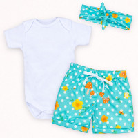 Conjunto Bebê Menina Look 3 Peças Body, Shorts e Faixinha Estampadinho Cogumelo