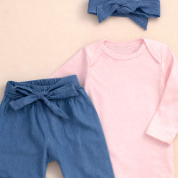 Conjunto Para Bebê Body e Calça Jeans com Faixinha Rosa Claro
