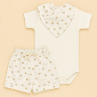 Conjunto 3 Peças Look Completo Body, Shorts e Bandana Estampada Divertida Corações