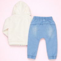 Conjunto Blusa Fleece Aveludado e Calça Jeans Creme Para Bebê Menina