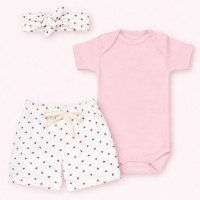 Conjunto Bebê Menina Look 3 Peças Body, Shorts e Faixinha Estampadinho Creme