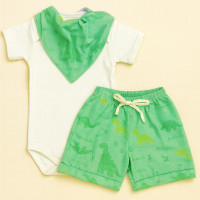 Conjunto 3 Peças Look Completo Body, Shorts e Bandana Estampada Divertida Dino 
