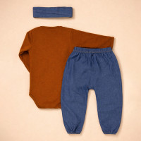 Conjunto Para Bebê Body e Calça Jeans com Faixinha Marrom 