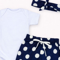 Conjunto Bebê Menina Look 3 Peças Body, Shorts e Faixinha Estampadinho Poá Marinho 