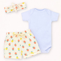 Conjunto Bebê Menina Look 3 Peças Body, Shorts e Faixinha Estampadinho Morangos