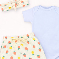 Conjunto Bebê Menina Look 3 Peças Body, Shorts e Faixinha Estampadinho Morangos