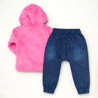 Conjunto Blusa Fleece Aveludado e Calça Jeans Rosa Para Bebê Menina
