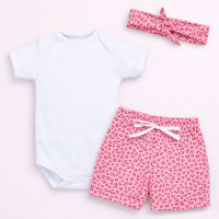 Conjunto Bebê Menina Look 3 Peças Body, Shorts e Faixinha Estampadinho Oncinha Rosa