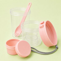 Copo Rosa Para Salada de Frutas Portátil com Talher e Compartimento Separado Lanchinho Saudável 